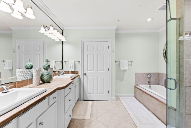 bathroom with vanity, tile patterned flooring, plus walk in shower, and ornamental molding