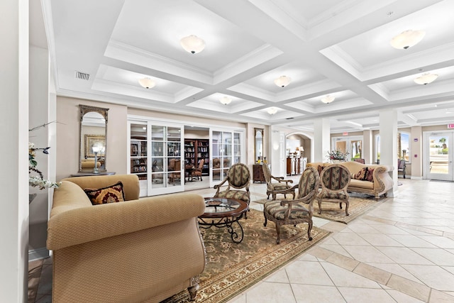 living room featuring beamed ceiling, light tile patterned flooring, coffered ceiling, and ornamental molding