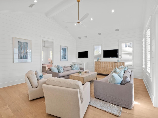 living room with beamed ceiling, ceiling fan, light wood-type flooring, and high vaulted ceiling