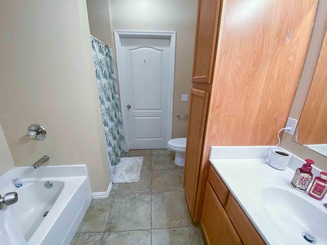 full bathroom featuring toilet, plus walk in shower, and vanity