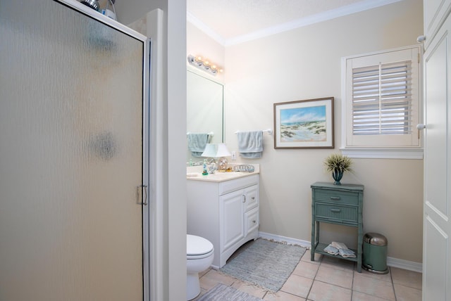 bathroom featuring an enclosed shower, vanity, crown molding, tile patterned flooring, and toilet