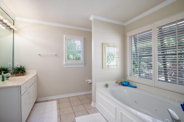 bathroom featuring tile patterned flooring, ornamental molding, a tub to relax in, and a healthy amount of sunlight