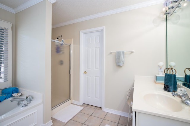 bathroom featuring shower with separate bathtub, a textured ceiling, tile patterned floors, and crown molding