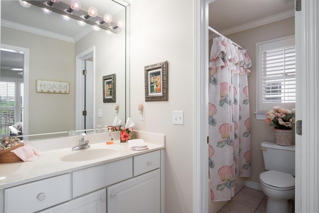 bathroom featuring a shower with curtain, vanity, crown molding, tile patterned flooring, and toilet