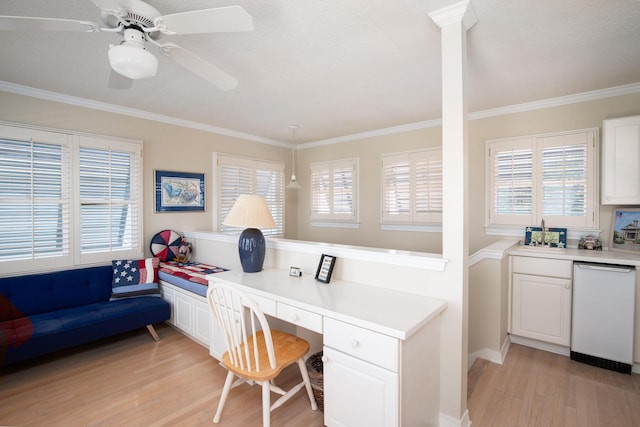 office space featuring a healthy amount of sunlight, light hardwood / wood-style flooring, ceiling fan, and ornamental molding