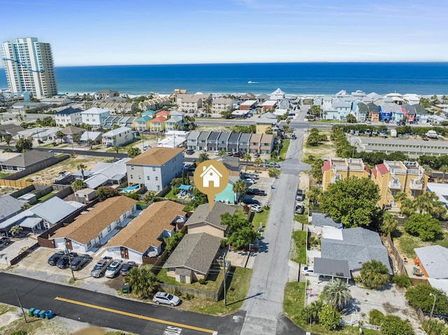 aerial view featuring a water view and a residential view