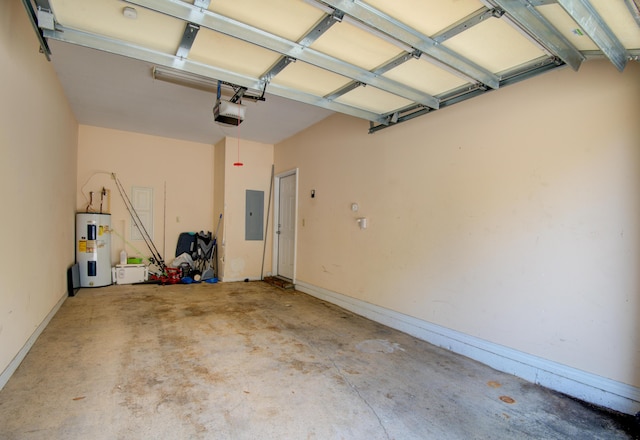 garage with a garage door opener, electric water heater, and electric panel