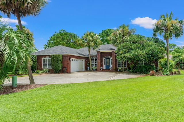 view of front of property featuring a front yard and a garage