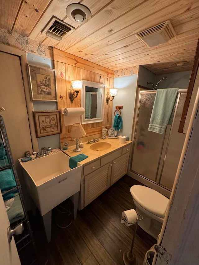 bathroom with wood walls, wooden ceiling, hardwood / wood-style flooring, and toilet