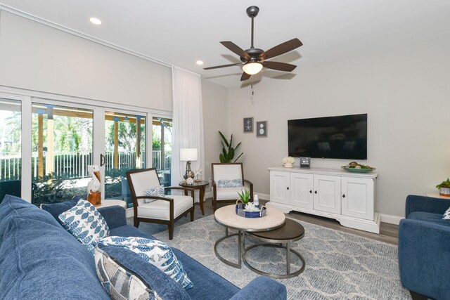 living room featuring ceiling fan and wood-type flooring