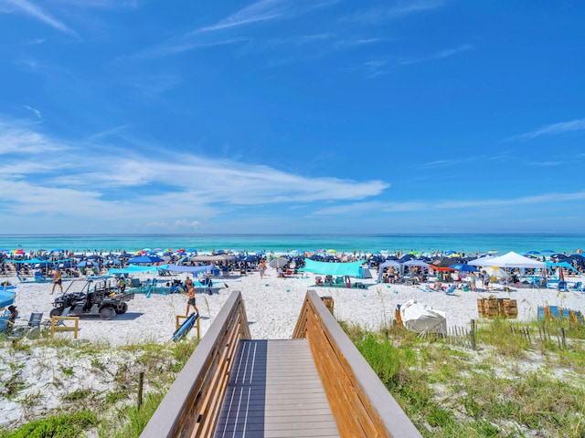 view of water feature with a beach view