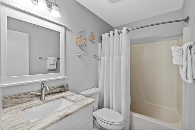 full bathroom with vanity, shower / bathtub combination with curtain, a textured ceiling, and toilet