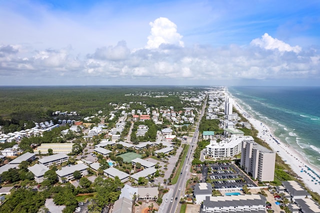 aerial view featuring a view of the beach and a water view