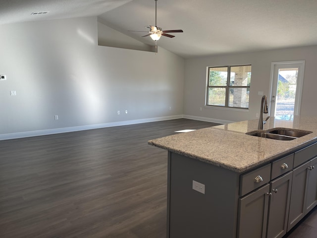 kitchen featuring dark hardwood / wood-style flooring, light stone counters, sink, a center island with sink, and lofted ceiling