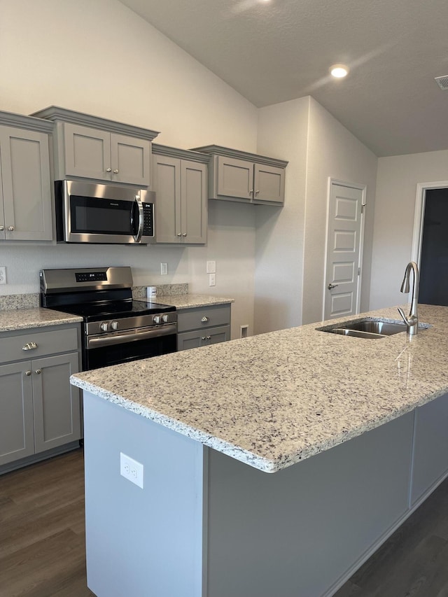 kitchen featuring sink, light stone countertops, stainless steel appliances, and a kitchen island with sink