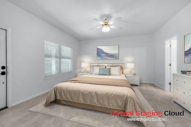 bedroom featuring ceiling fan, baseboards, and light colored carpet