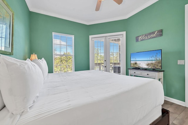 bedroom featuring french doors, light hardwood / wood-style flooring, ceiling fan, access to exterior, and ornamental molding