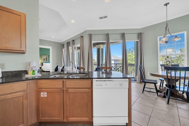 kitchen with sink, kitchen peninsula, white dishwasher, decorative light fixtures, and light tile patterned flooring