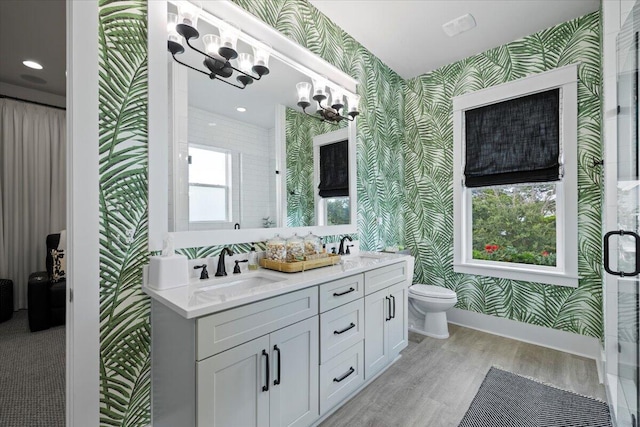 bathroom featuring vanity, hardwood / wood-style flooring, toilet, and a shower with door