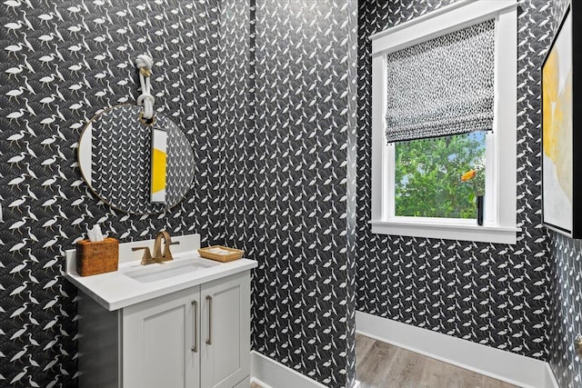 bathroom with wood-type flooring and vanity