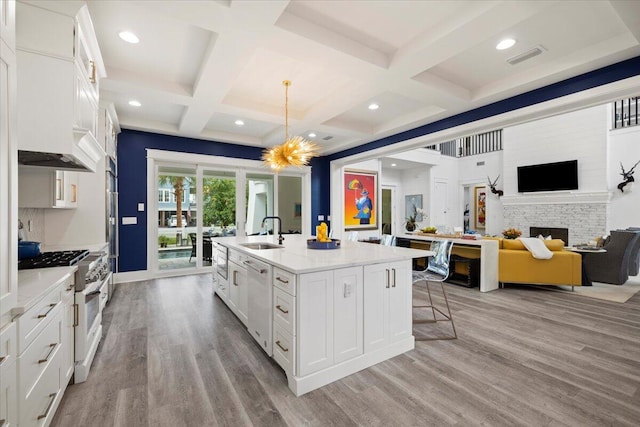 kitchen with a kitchen island with sink, sink, decorative light fixtures, white cabinets, and light hardwood / wood-style floors