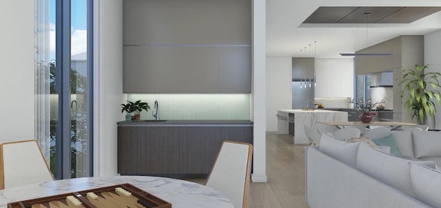 dining area with sink and light hardwood / wood-style flooring