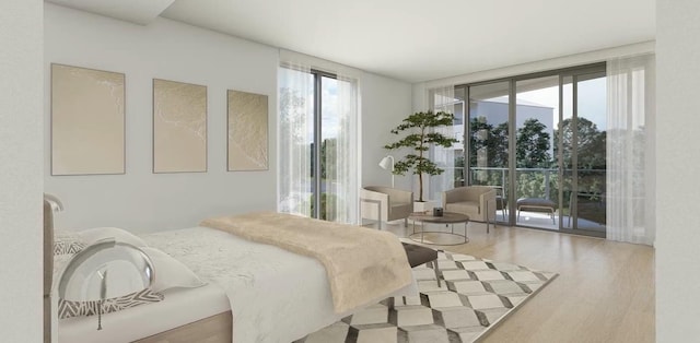 bedroom with hardwood / wood-style flooring, a wall of windows, and access to outside