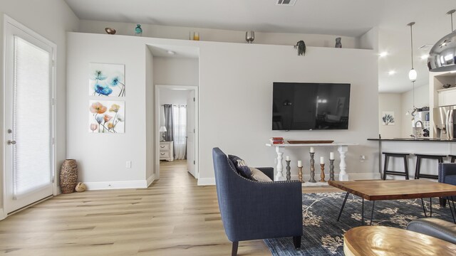 living room with light hardwood / wood-style flooring and sink