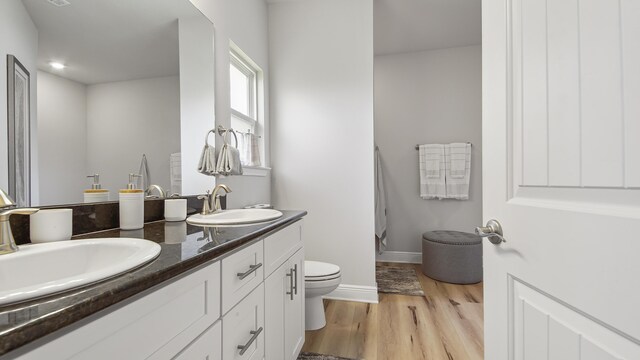 bathroom with double vanity, wood-type flooring, and toilet