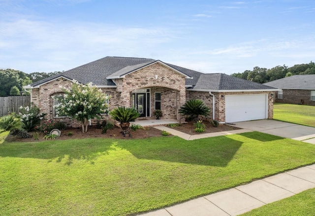 ranch-style home with a garage and a front lawn