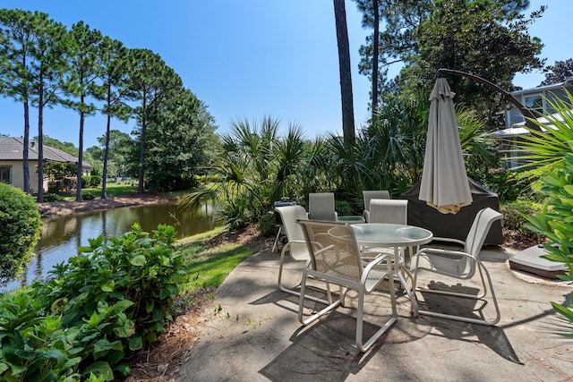 view of patio with a water view