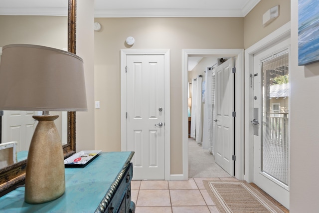 interior space with light colored carpet and crown molding