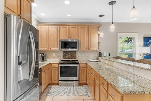 kitchen featuring kitchen peninsula, backsplash, stainless steel appliances, light tile patterned floors, and decorative light fixtures