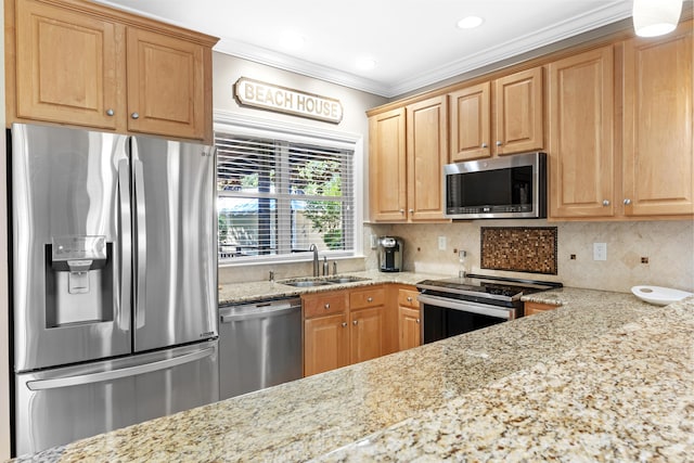 kitchen with decorative backsplash, appliances with stainless steel finishes, light stone counters, ornamental molding, and sink