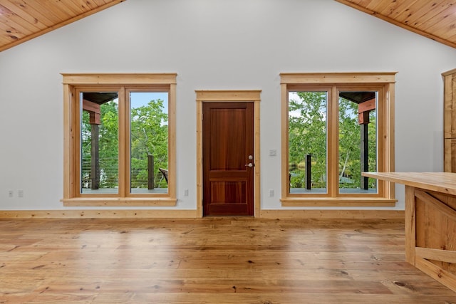 unfurnished living room with wooden ceiling, vaulted ceiling, and light wood-type flooring