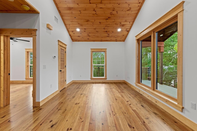 spare room featuring ceiling fan, high vaulted ceiling, wooden ceiling, and light wood-type flooring