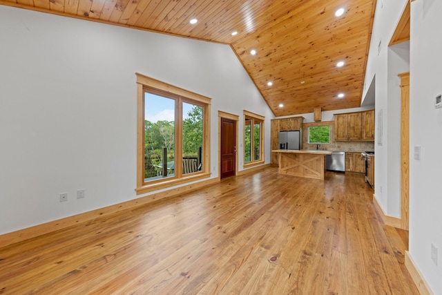 unfurnished living room with high vaulted ceiling, sink, light wood-type flooring, and wooden ceiling