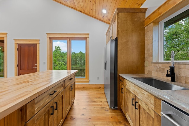 kitchen with appliances with stainless steel finishes, light hardwood / wood-style floors, sink, lofted ceiling, and wooden counters