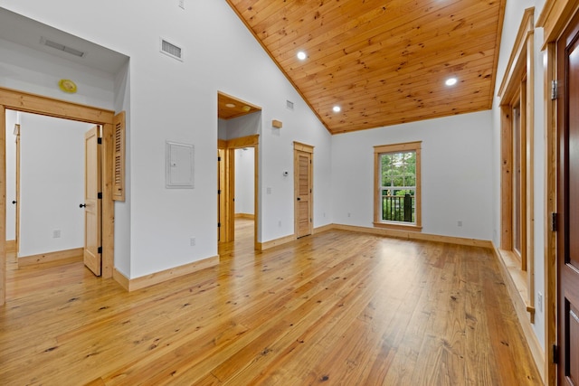 interior space featuring light wood-type flooring, high vaulted ceiling, and wood ceiling