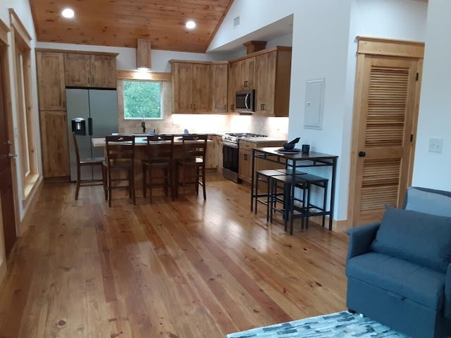 kitchen featuring backsplash, electric panel, stainless steel appliances, lofted ceiling, and light wood-type flooring