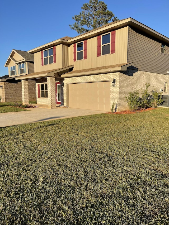 view of front of home featuring a garage, a front lawn, and cooling unit