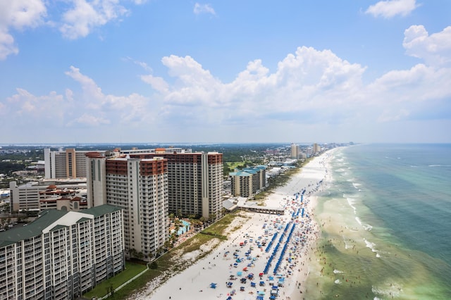 aerial view featuring a water view and a view of the beach