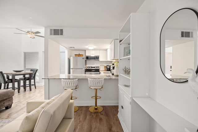 kitchen with white cabinetry, light stone countertops, kitchen peninsula, and appliances with stainless steel finishes