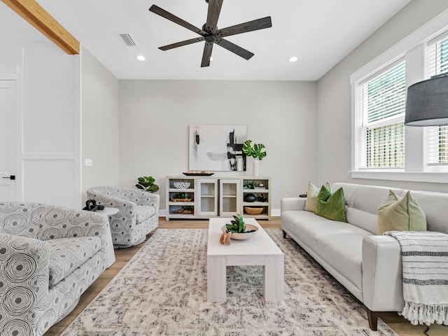 140 Sibert Ave Unit 16, Destin, FL 32541 - living area featuring a ceiling fan, wood finished floors, and recessed lighting