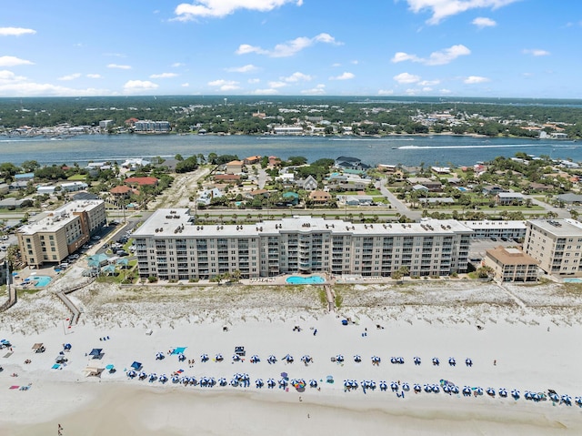 drone / aerial view with a view of the beach and a water view