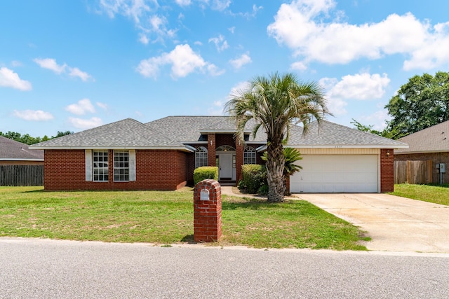 ranch-style home featuring a garage and a front yard