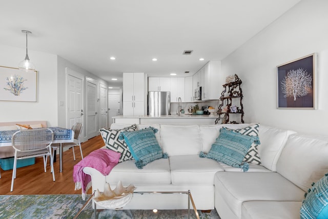 living room featuring sink and hardwood / wood-style flooring