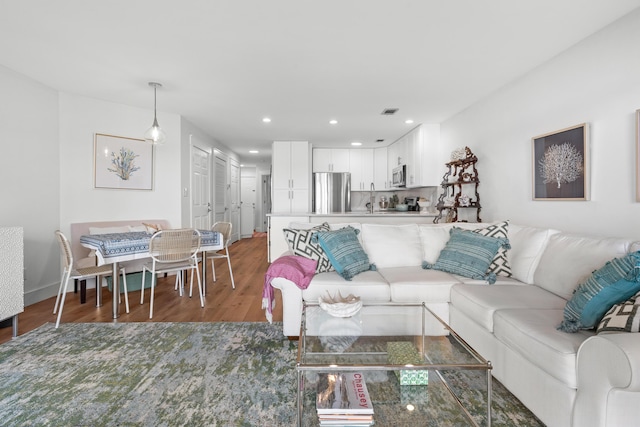 living room with dark hardwood / wood-style flooring and sink