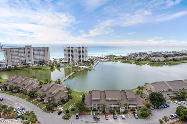 drone / aerial view with a water view