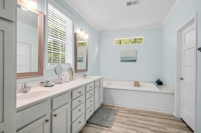 bathroom with a bathing tub, vanity, crown molding, and wood-type flooring